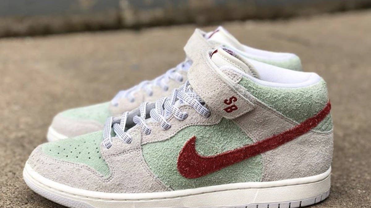 Release information for the upcoming Nike SB Dunk Mid 'White Widow' designed by Todd Bratrud.