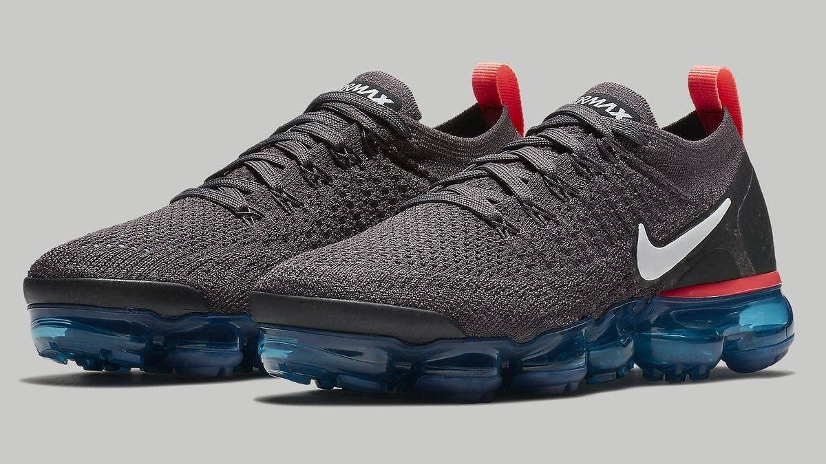 The upcoming release from the Nike Air VaporMax 2 Flyknit 'Thunder Grey' will feature a teal-colored airbag, which will release in Aug. 2018 for a retail price of $190.
