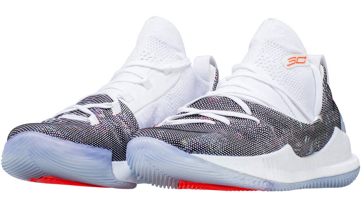The release date and details for Stephen Curry's Under Armour Curry 5 'Welcome Home' signature sneakers in white and neon coral.