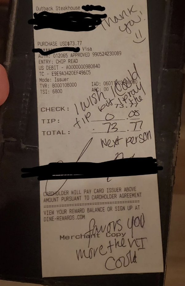 Screenshot of a receipt with a note from a customer