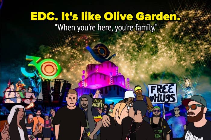 fireworks over edc art installation celebrating 30 years with cartoon concertgoers