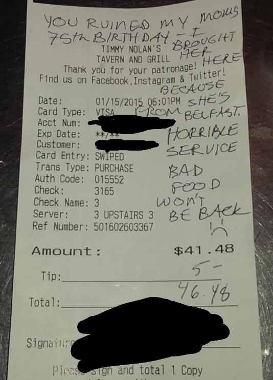 A $5 tip with a note from a customer about bad service