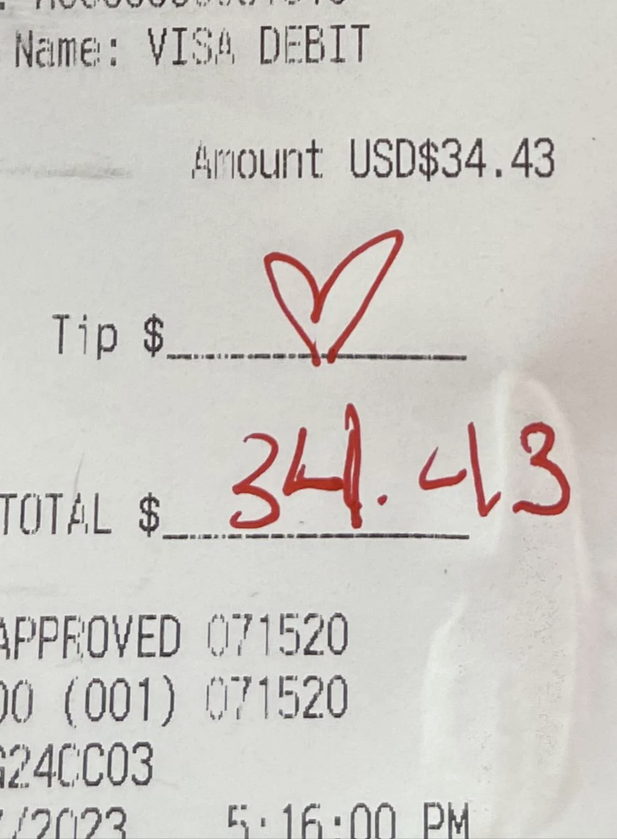 Screenshot of a receipt with a heart instead of a tip