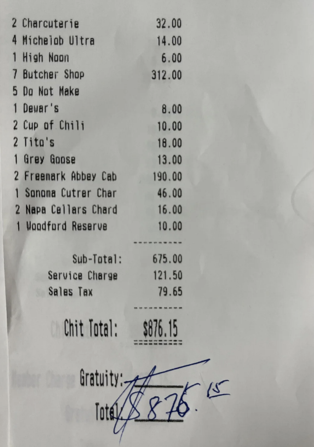 A receipt with no tip included