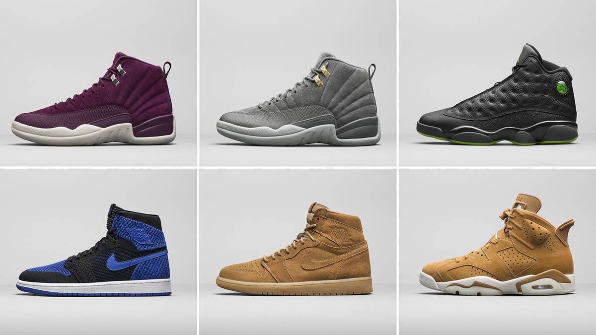 Holiday 2017 Air Jordan releases include 'Bordeaux' Jordan 12s, 'Wheat' Jordan 6s, 'Royal' Flyknit Jordan 1s, and more.
