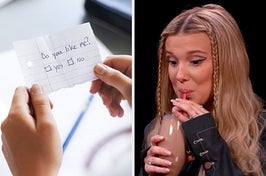 On the left, a piece of paper that says do you like me with boxes next to the words yes and no, and on the right, Millie Bobby Brown sipping on a chocolate milkshake