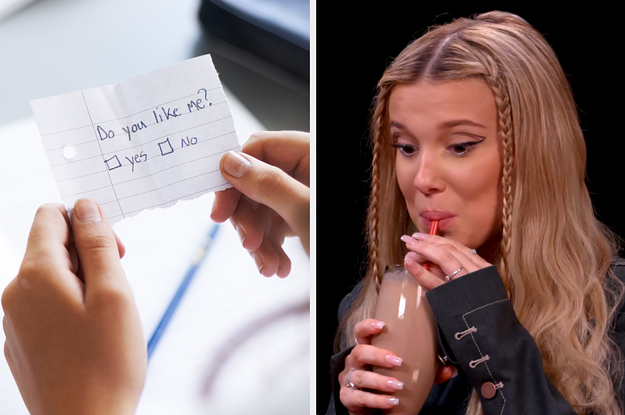 On the left, a piece of paper that says do you like me with boxes next to the words yes and no, and on the right, Millie Bobby Brown sipping on a chocolate milkshake