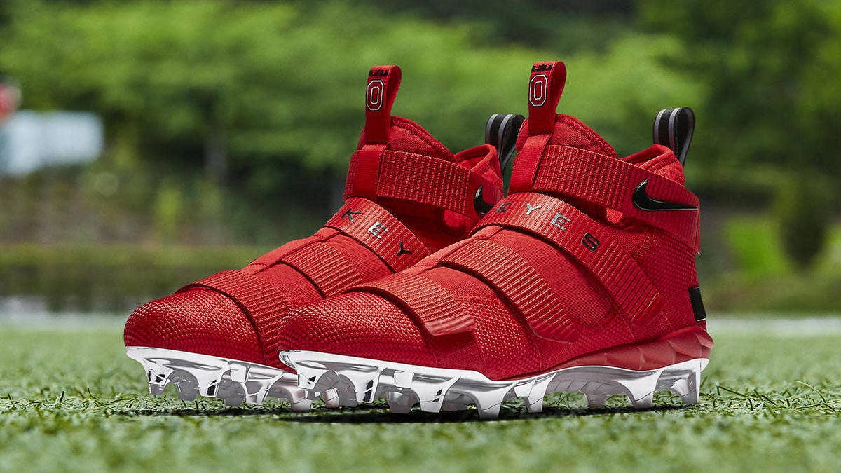 The Nike LeBron Soldier 11 Cleat releases in red on Saturday, October 28, 2017 for $175.