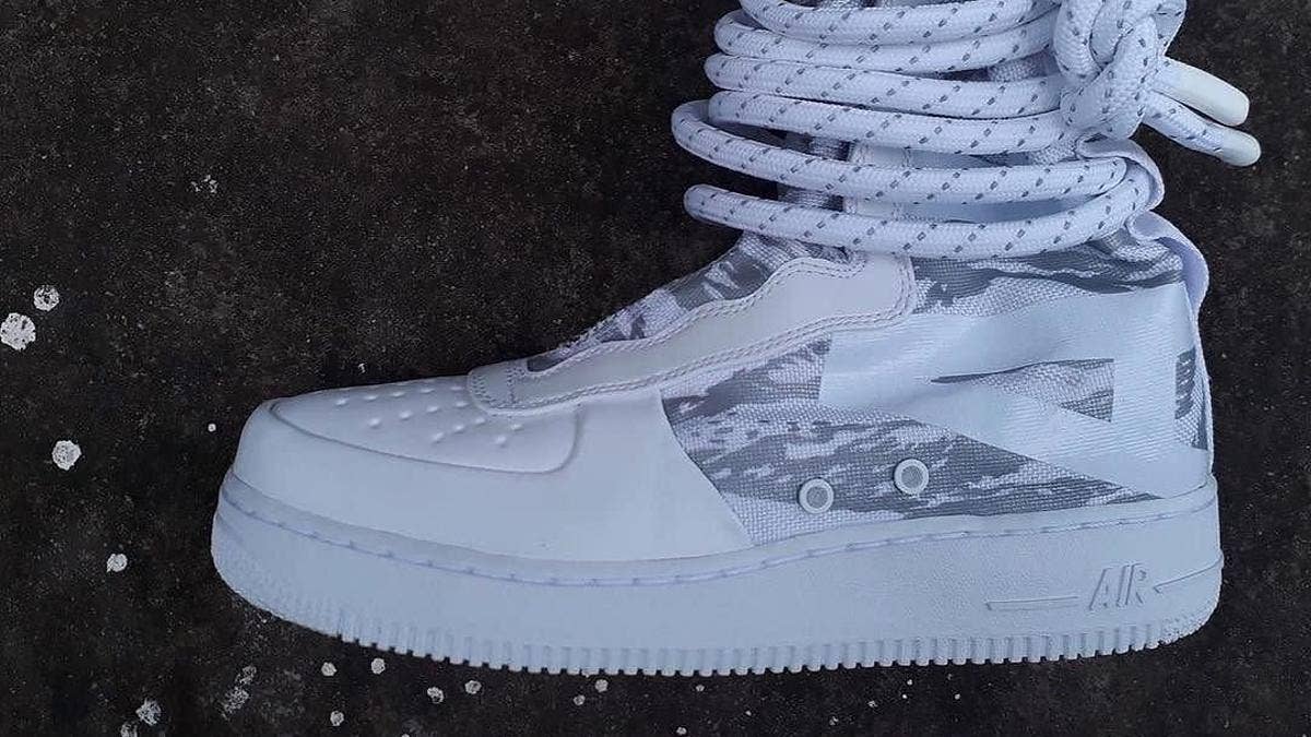 An ultra-high version of the Nike Special Field Air Force 1 surfaces in white tiger camo.