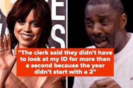 Jenna Ortega smiling and waving and Idris Elba choking on a hot wing