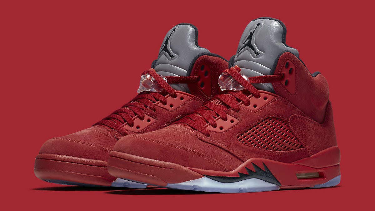 "Red Suede" Air Jordan 5s release in full family sizing on Saturday, July 1.