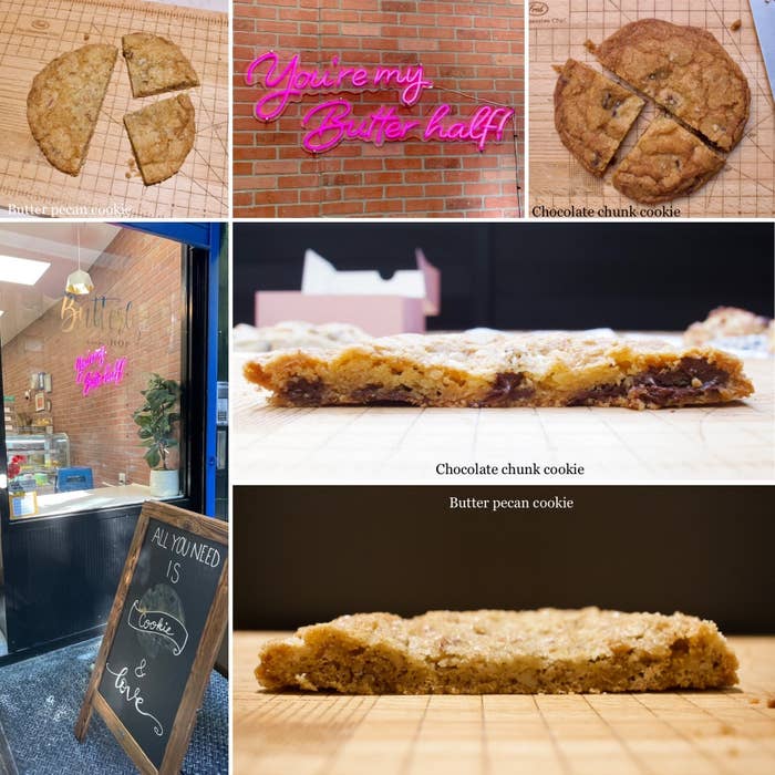 Top row: butter pecan cookie; pink neon sign saying &quot;you&#x27;re my butter half!&quot;; chocolate chip cookie. Bottom left: outside of bakery. Bottom right: cross section of chocolate chunk cookie and butter pecan cookies