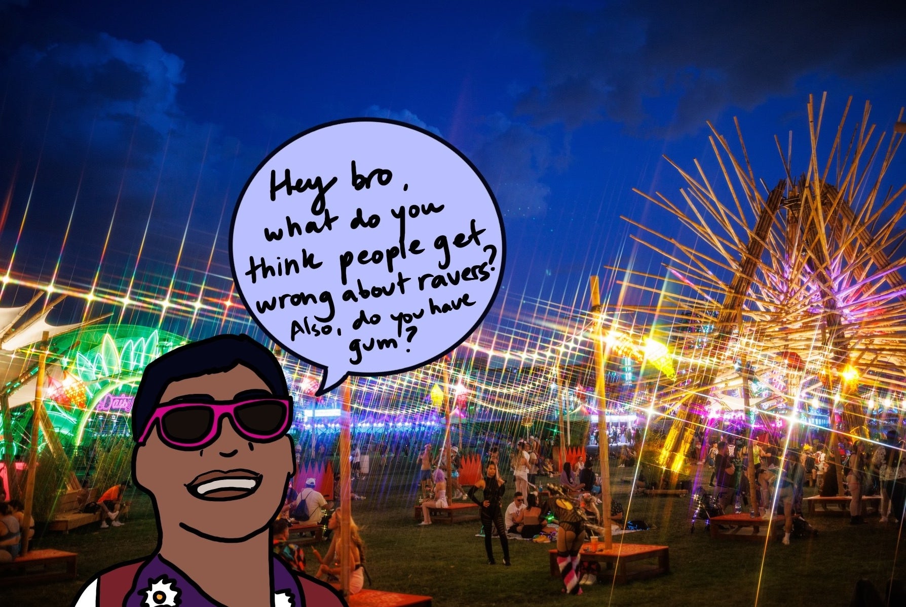 author wearing sunglasses in front of a lit-up seating area asking fellow attendees what people get wrong about ravers