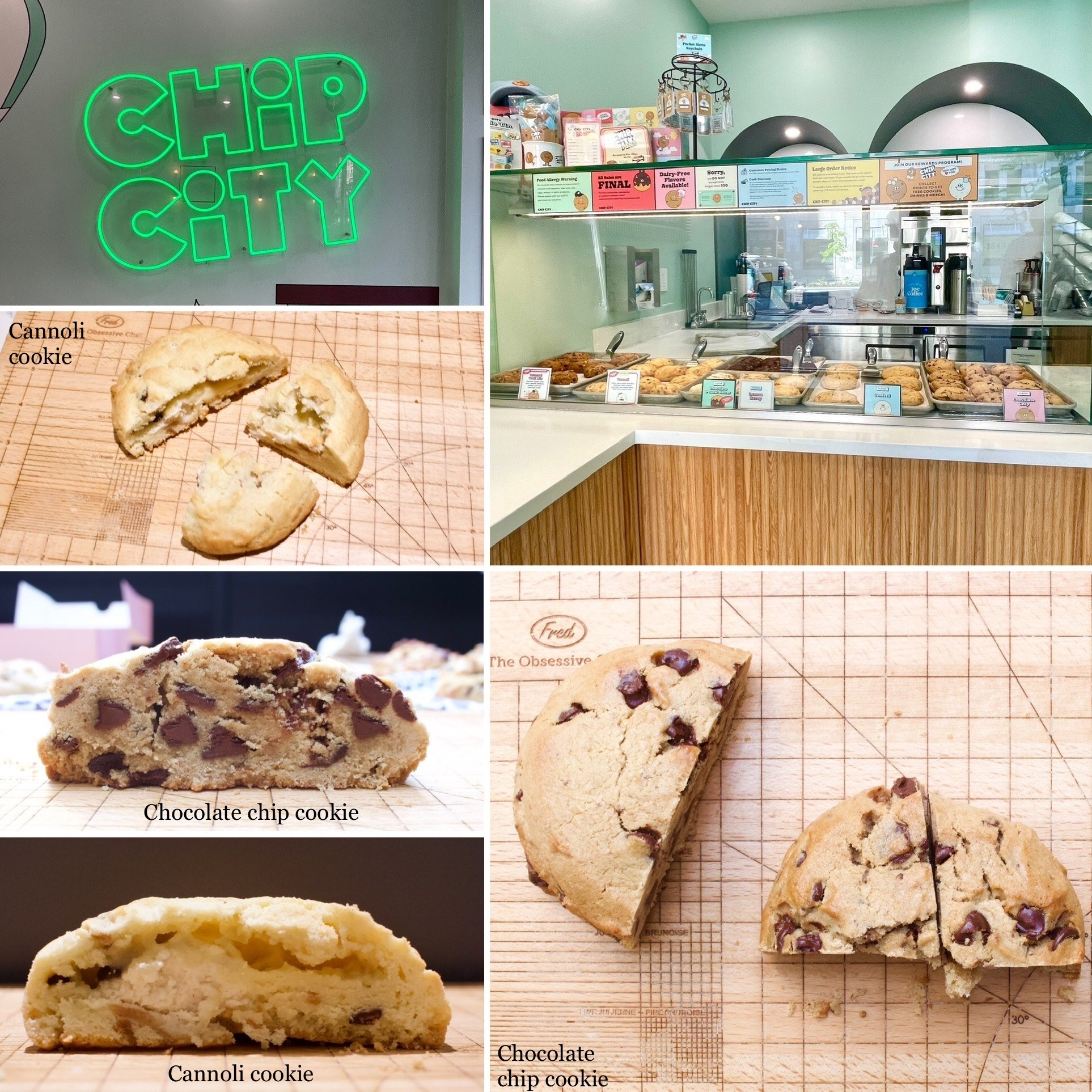 Clockwise from top left: green neon sign saying &quot;chip city&quot;; interior of bakery; chocolate chip cookie; cross section of cannoli cookie; cross section of chocolate chip cookie; cannoli cookie