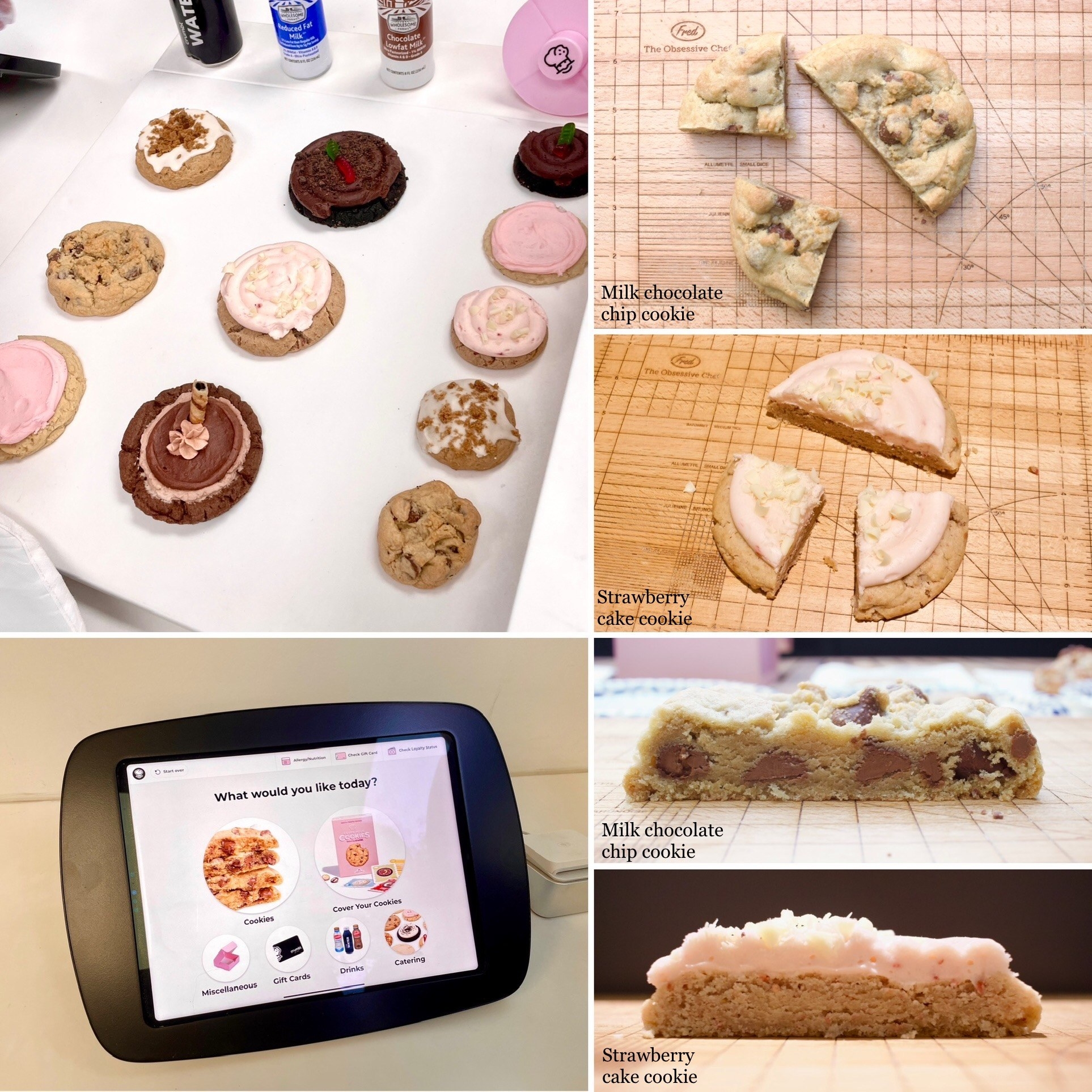 Clockwise from top left: display of 11 cookies; chocolate chip cookie; frosted strawberry cookie; cross section of chocolate chip cookie; cross section of frosted strawberry cookie; tablet saying &quot;what would you like today?&quot;