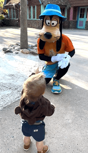 A gif of a baby waving at Goofy