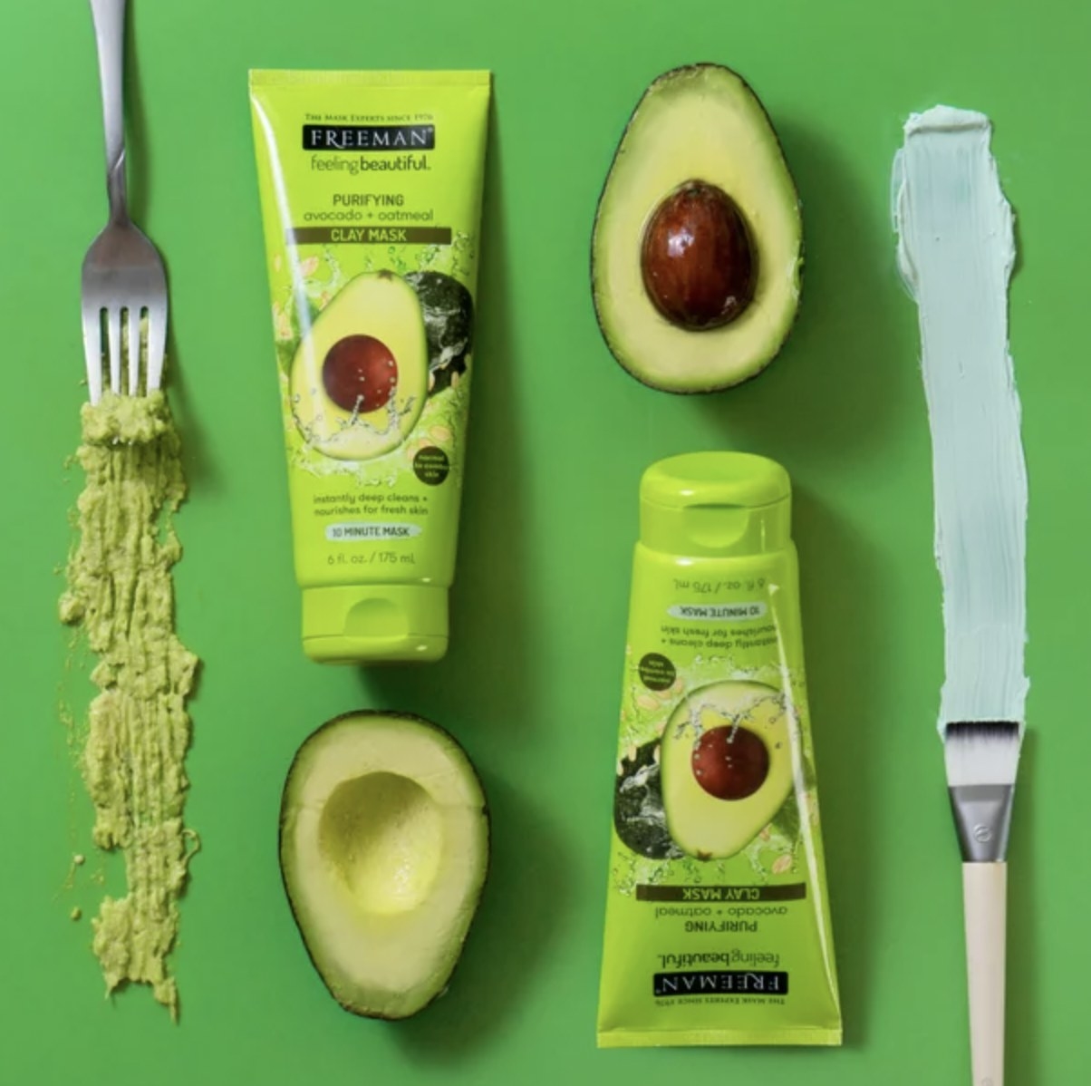 A set of two mask tubes with cut avocados and swatches