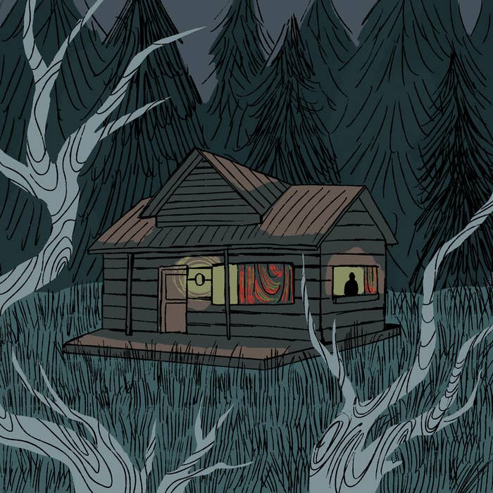 An illustration of a creepy cabin in the woods. There&#x27;s a masked figure in the window.
