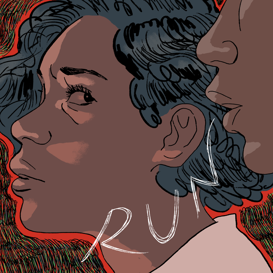 An illustration of someone whispering into a Black woman&#x27;s ear. Text from their mouth says, &quot;run&quot;