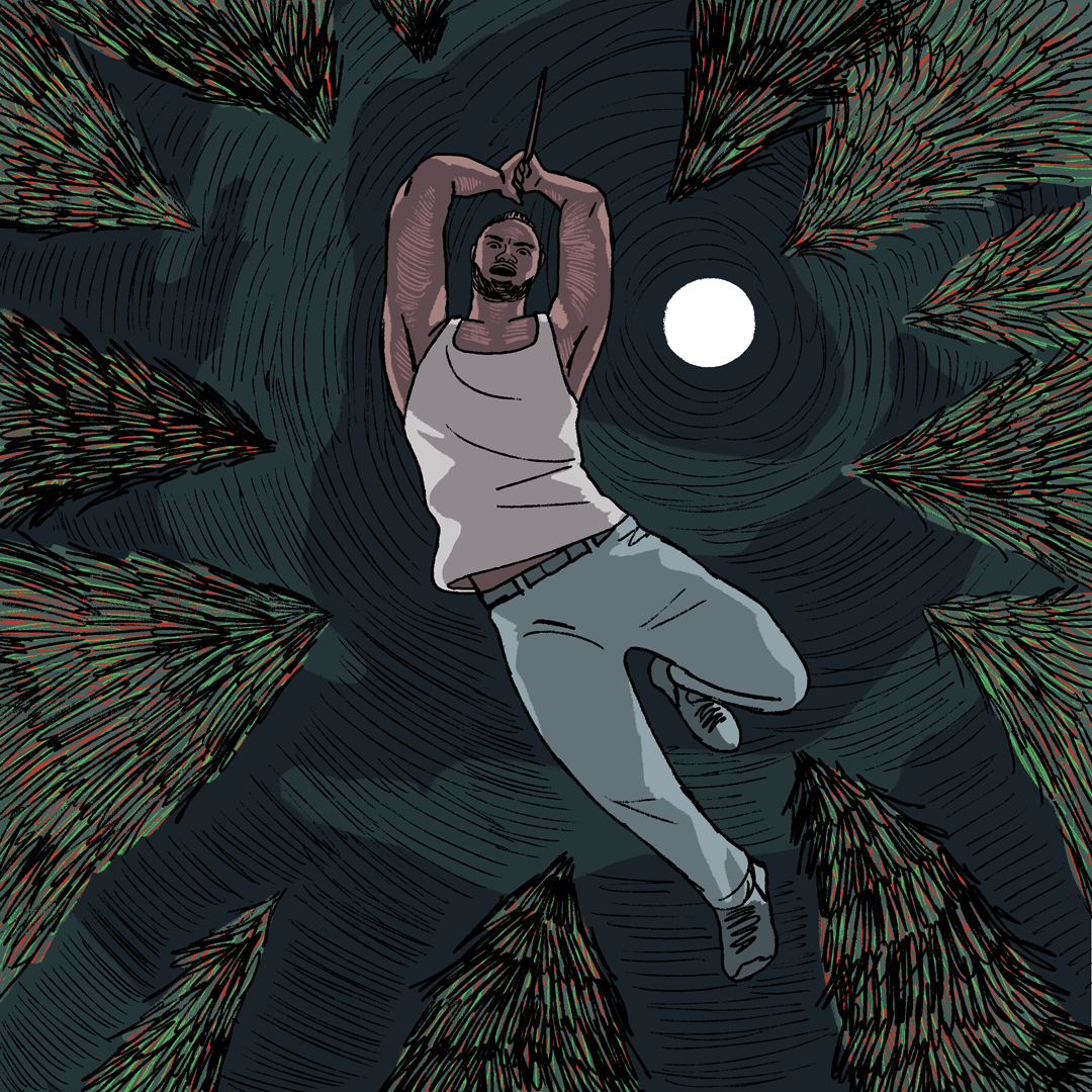 An illustration of a Black man jumping out of the trees at night with a knife in hand