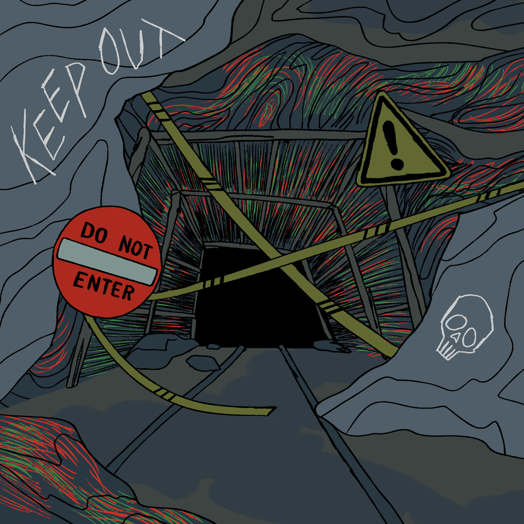 An illustration of a creepy cave entrance with caution tape blocking it off, a yellow caution sign, a red &quot;do not enter&quot; sign, and a cave drawing of a skull. The words &quot;keep out&quot; are also etched on the wall