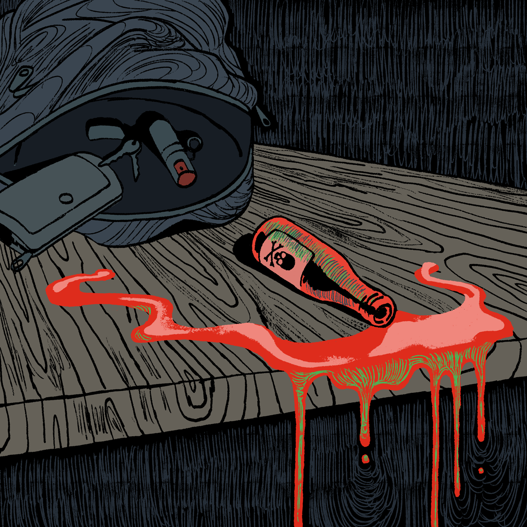 An illustration of a bottle of hot sauce spilling over a table like blood. There&#x27;s an open book bag in the background