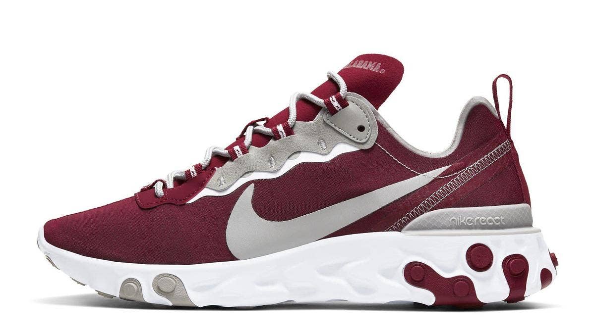 Nike is releasing a new Nike React Element 55 pack for 15 NCAA football teams including the Alabama Crimson Tide, Clemson Tigers, Georgia Bulldogs, and more.