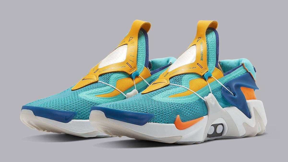 The colorful 'Hyper Jade/Total Orange' iteration of the power-lacing Nike Adapt Huarache is releasing next week. 