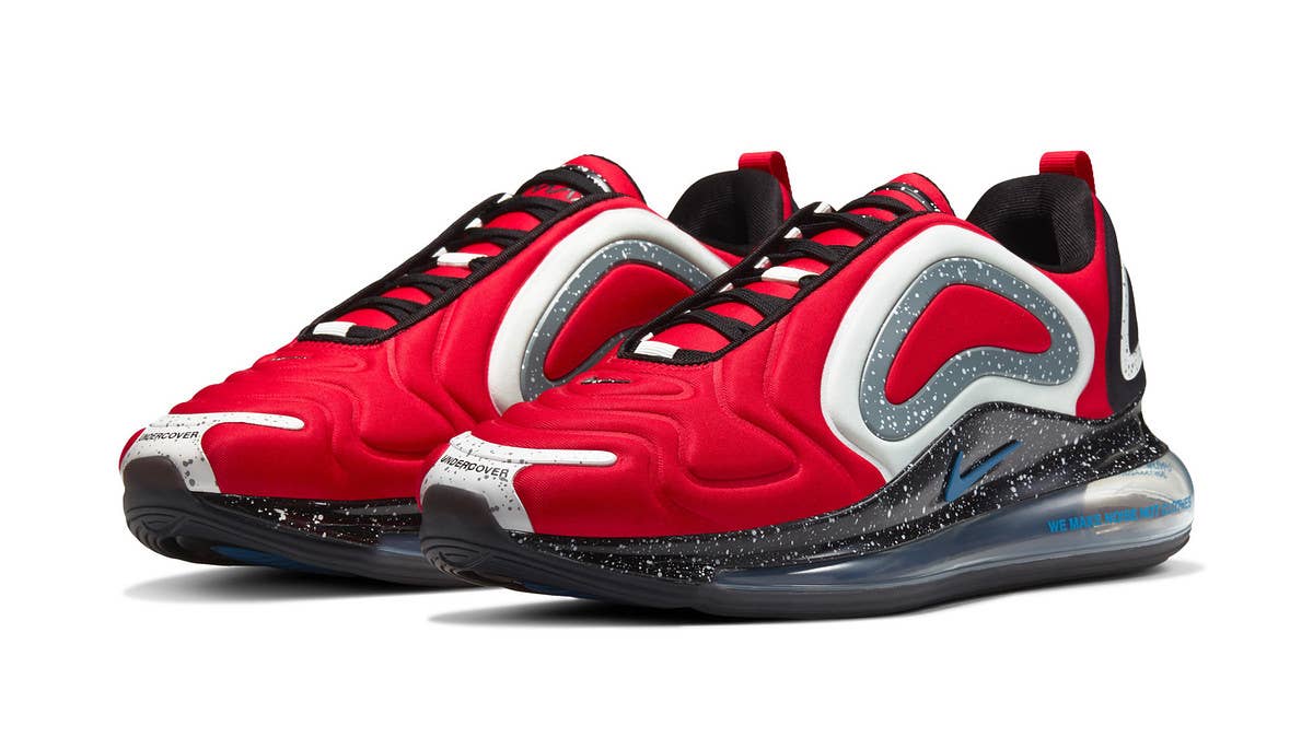 The release date and details for Undercover's new Nike Air Max 720 sneakers in 'Black/University Red' and 'University Red/Blue Jay.'