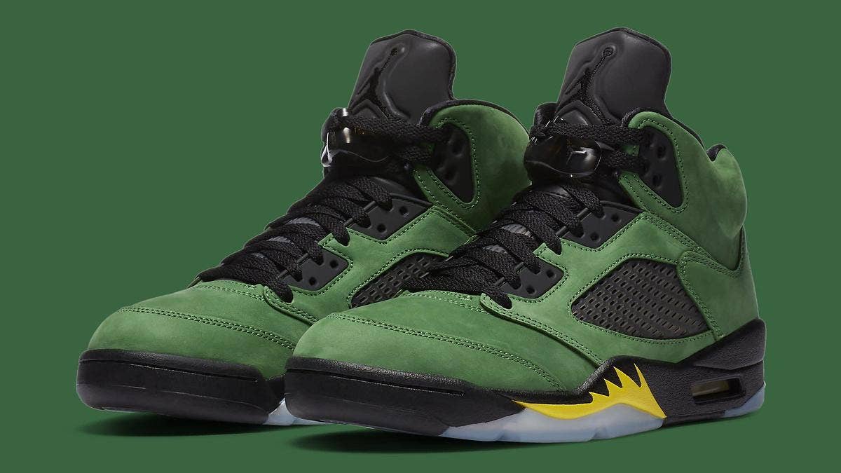 An Oregon Ducks-inspired Air Jordan 5 a retail release in Sept. 2020 but without the school's official branding. Click here to learn more.