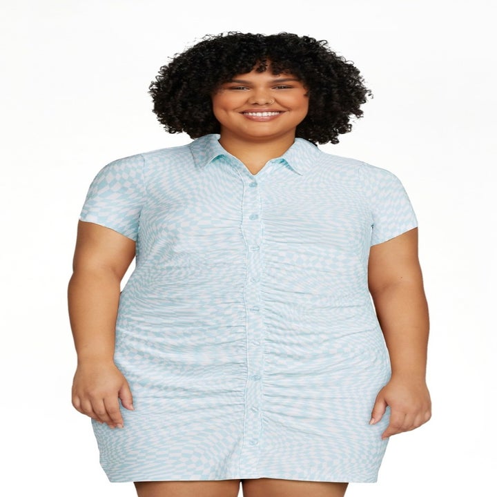 Model wearing the blue clash dress