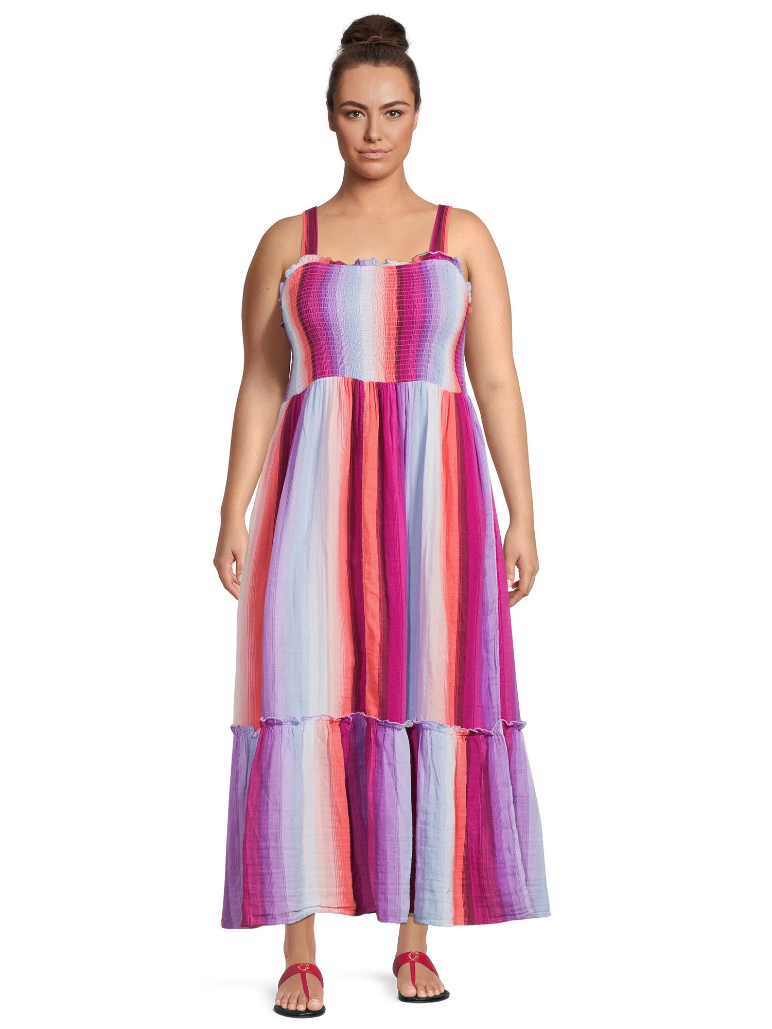 Model wearing the ombre stripe/orchid bloom dress