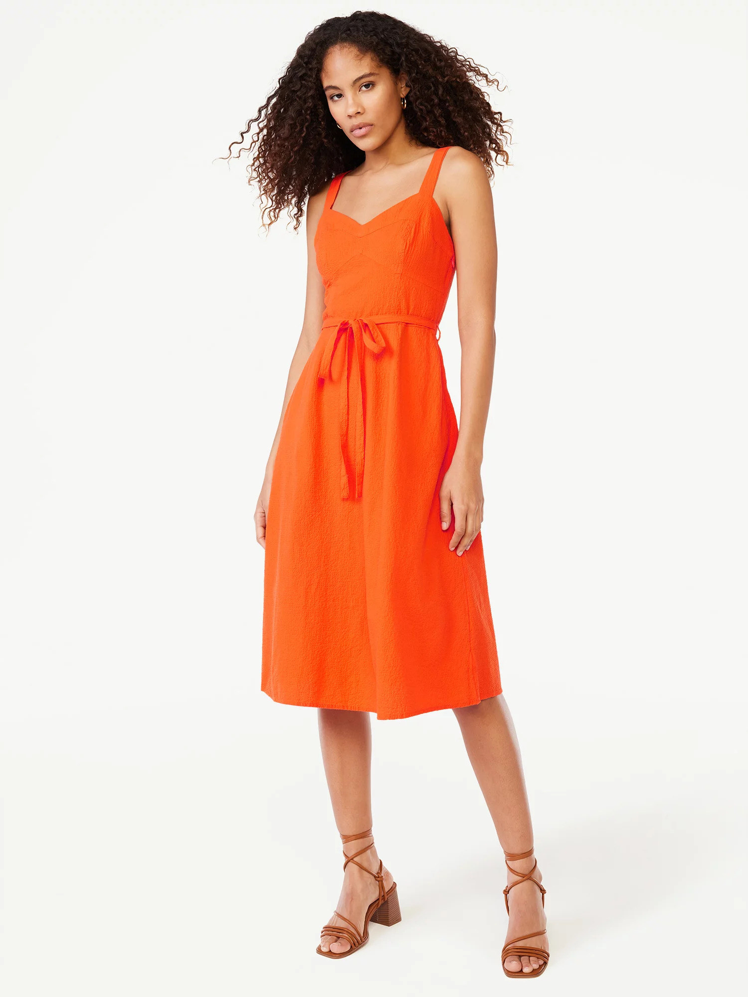 Model wearing the tangerine tango dress