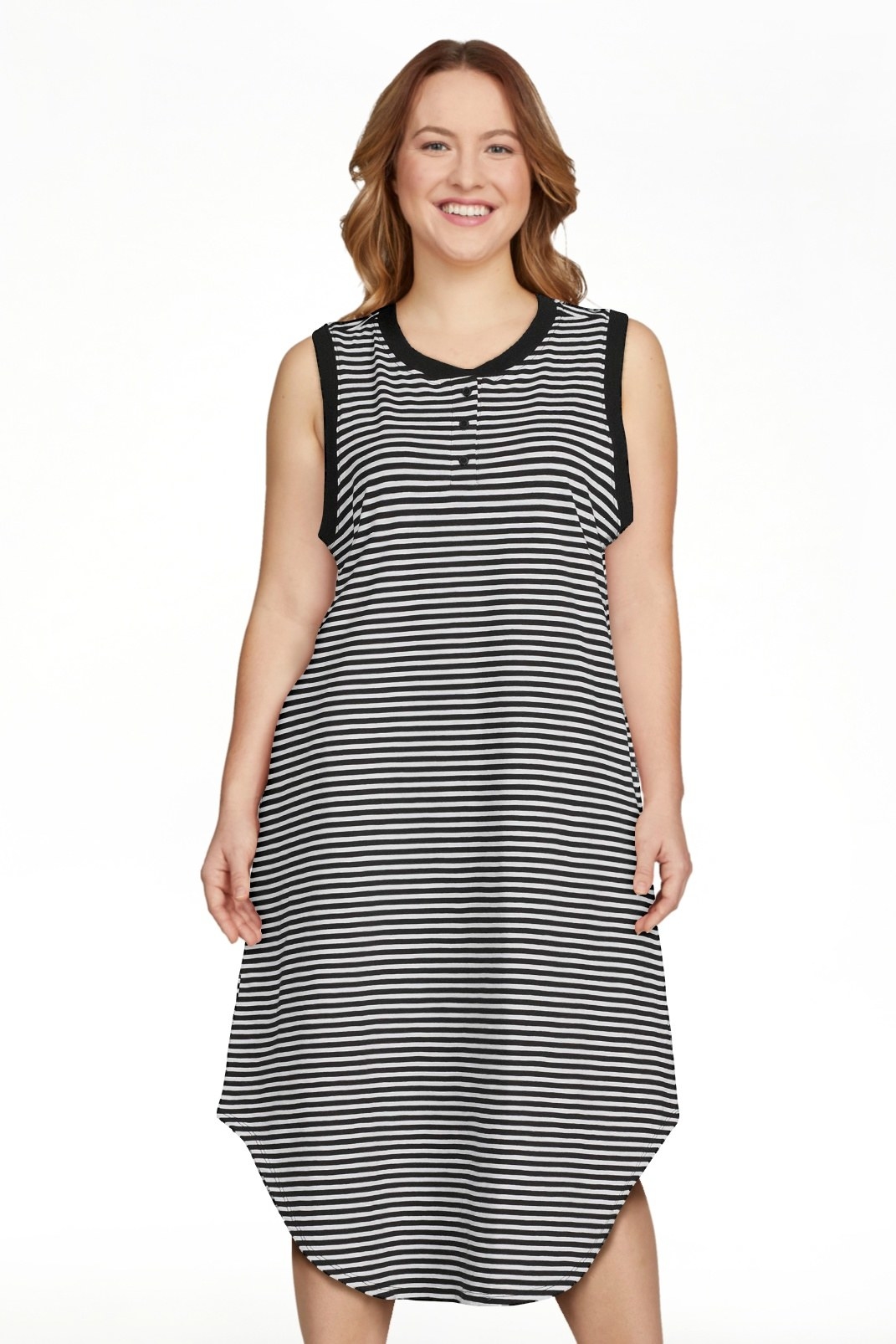 Model wearing the black and white striped dress