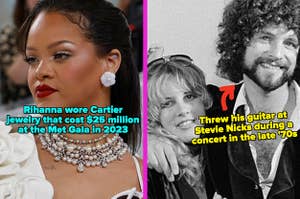 Rihanna at the 2023 Met Gala; Stevie Nicks and Lindsey Buckingham in the late '70s