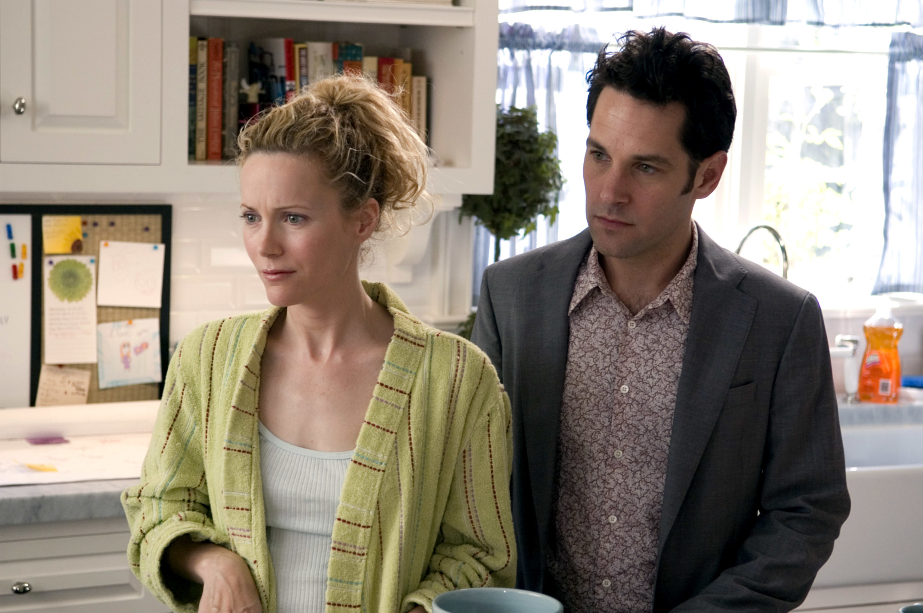 Leslie Mann and Paul Rudd standing in the kitchen in a scene from &quot;Knocked Up&quot;