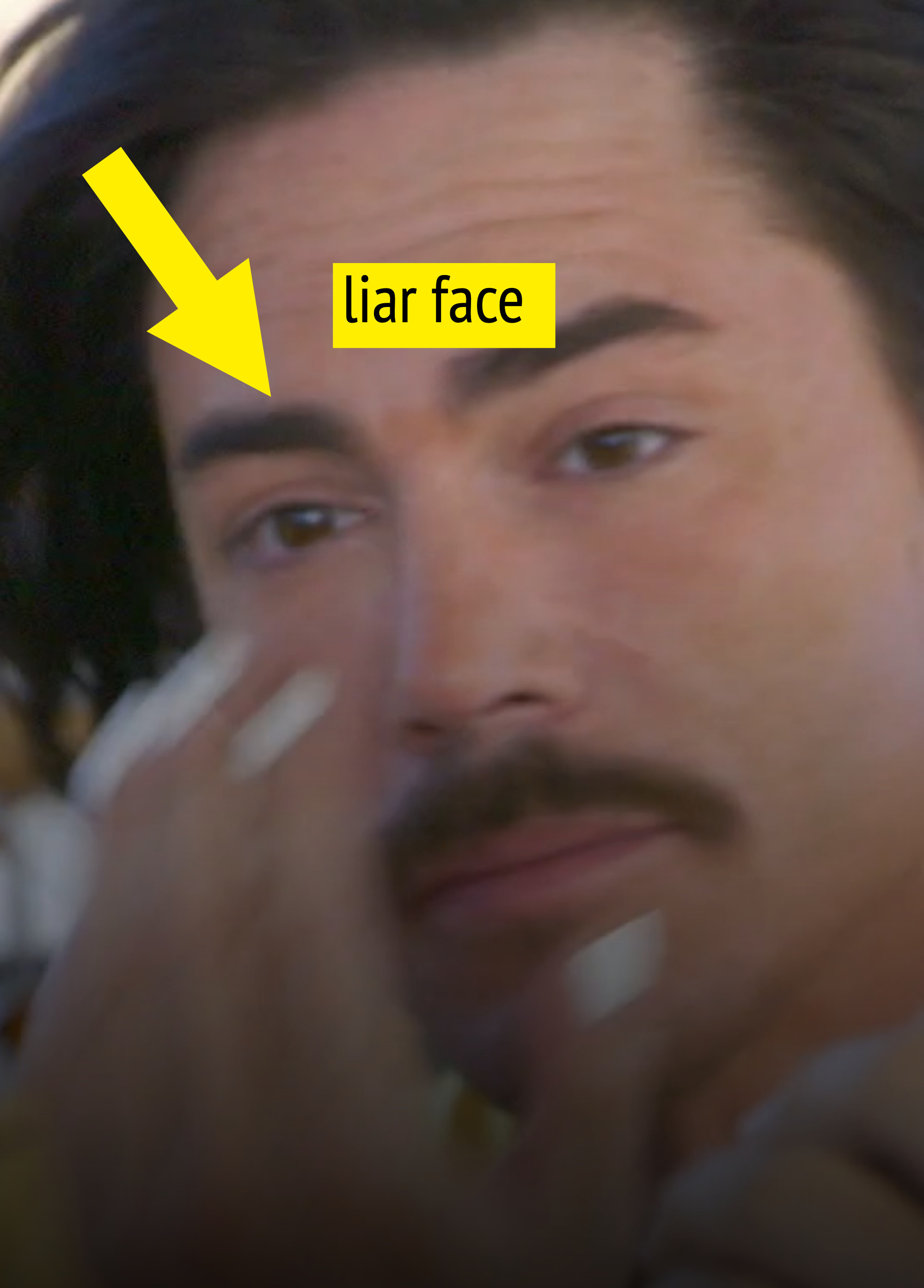 Tom Sandoval close up with an arrow that says &quot;liar face&quot;