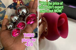 Hand holding trio of metal plugs and hand holding tongue vibrator