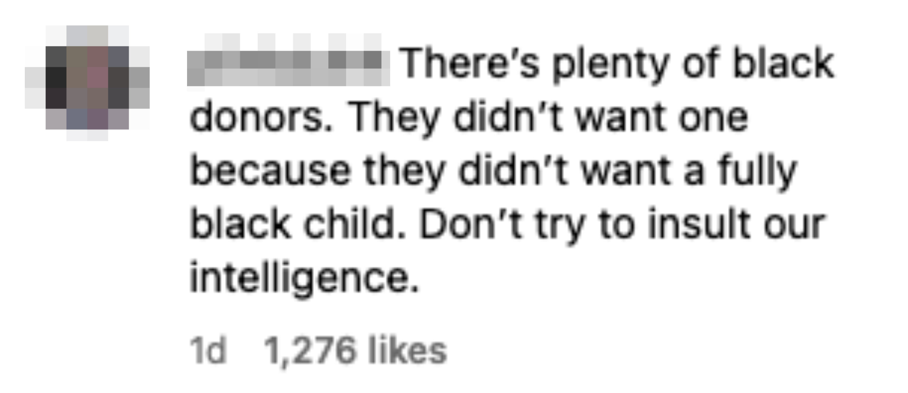 A comment saying, &quot;There&#x27;s plenty of Black donors. They didn&#x27;t want one because they didn&#x27;t want a fully Black child. Don&#x27;t try to insult our intelligence&quot;