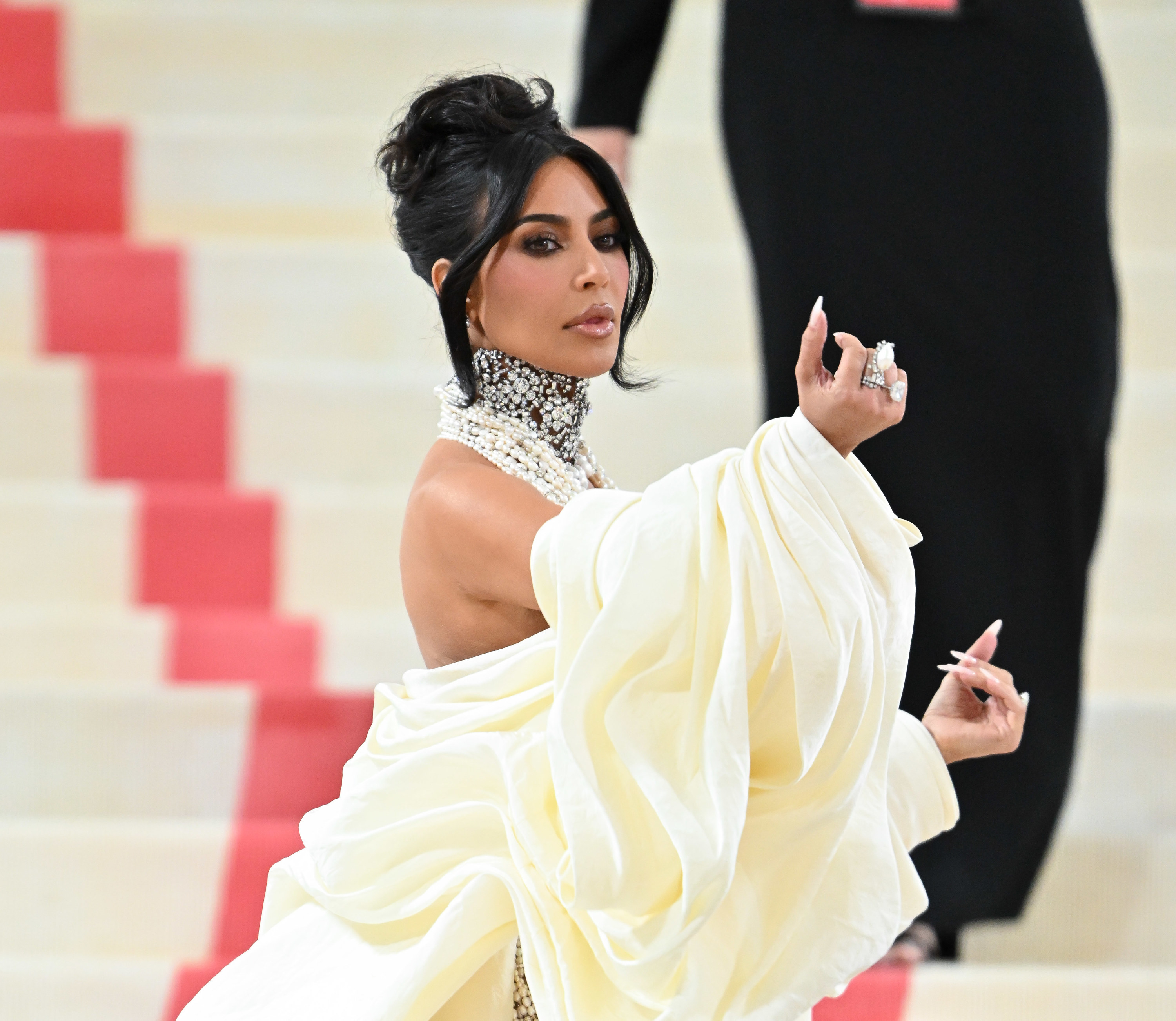 Closeup of Kim Kardashian posing at the Met Gala