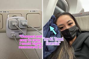 the travel adapter "Compact and easy to carry,  I would highly recommend it.", reviewer using travel pillow "my #1 Travel Essential"