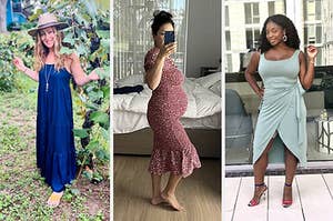 on left: reviewer in sleeveless dark blue tiered maxi dress. in middle: reviewer in short sleeve red and white floral-print midi dress with ruffle bottom. on right: reviewer in sleeveless light blue wrap-front midi dress