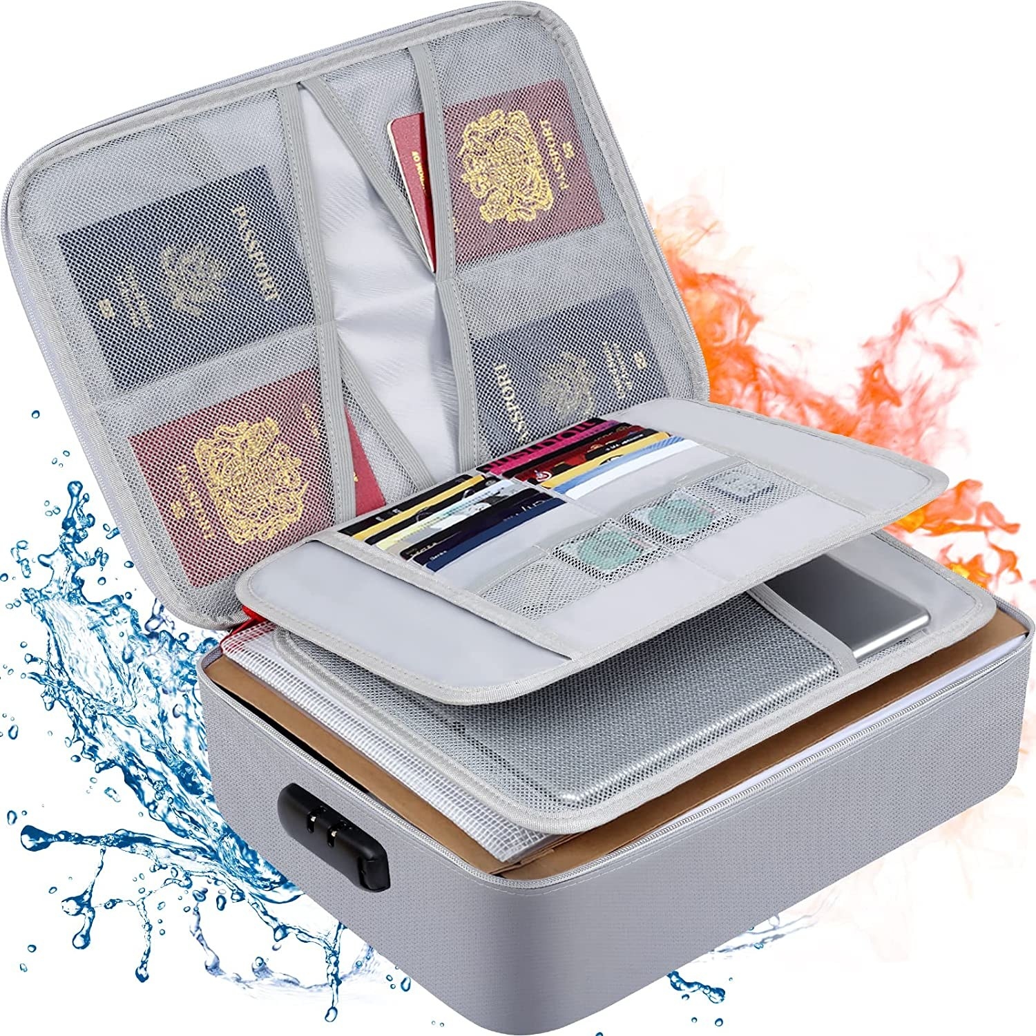 a grey case surrounded by fire and water with passports in the mesh pockets