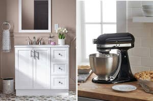 on left: white bathroom vanity with cabinet and three drawers. on right: black KitchenAid stand mixer next to baked pie