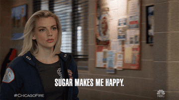 woman saying, sugar makes me happy