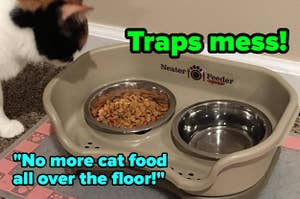 a reviewer photo of a pet food bowl, text reading "Traps mess!", and "No more cat food all over the floor!"