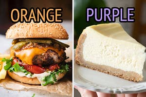 On the left, a cheeseburger labeled orange, and on the right, a slice of cheesecake labeled purple