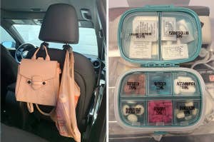on left: black carseat hooks holding up shopping bag and pink purse. on right: blue pill organizer case with clear compartments
