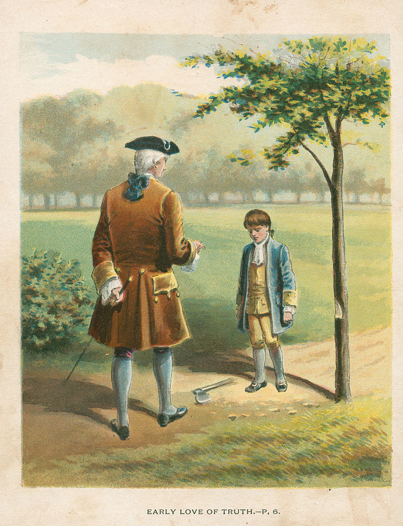 A rendering of young George Washington hacking away at his dad&#x27;s cherry tree