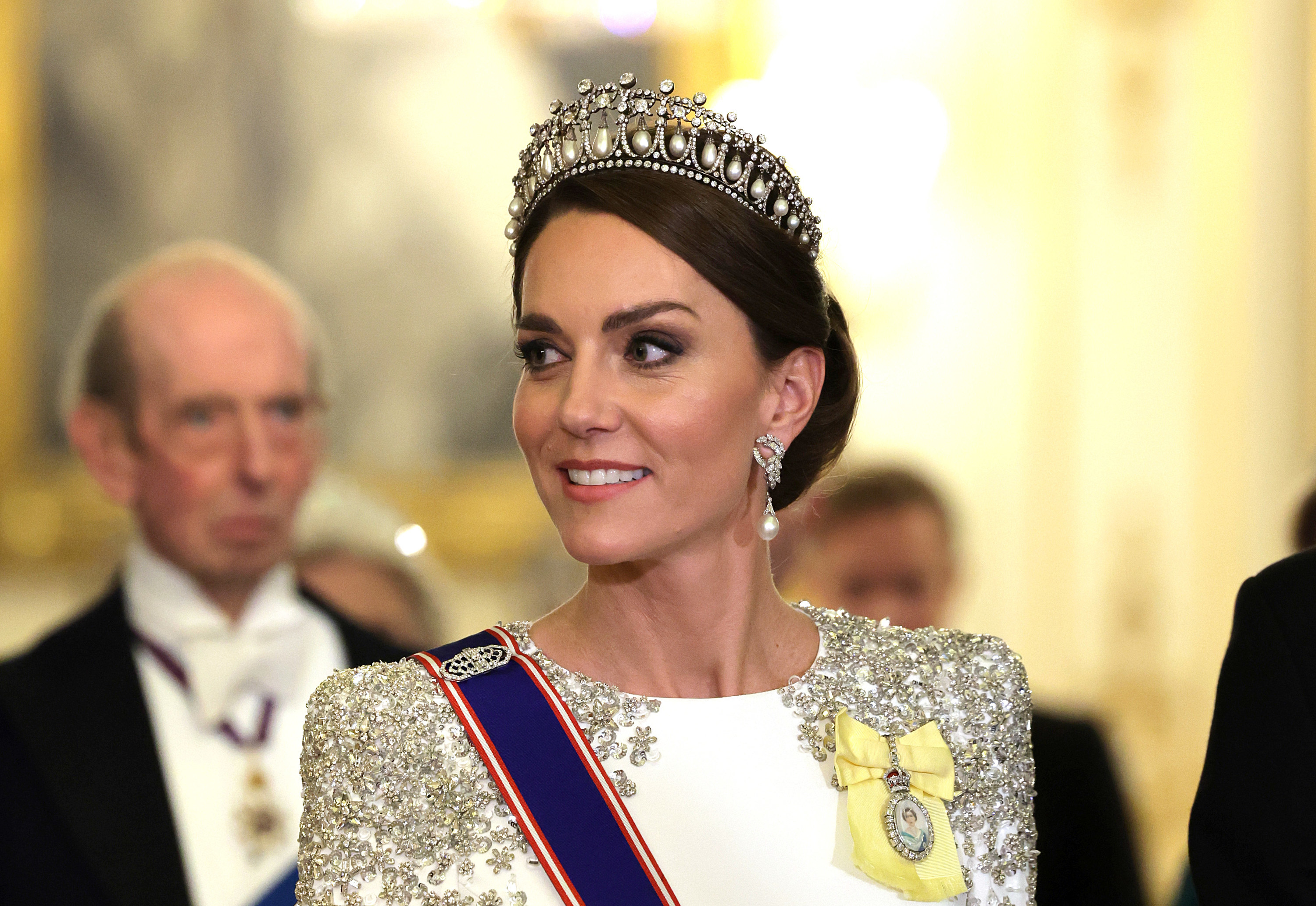 A closeup of kate at a royal event wearing a tiara